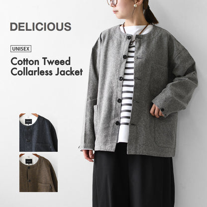 DELICIOUS [デリシャス] Cotton Tweed Collarless Jacket [DB4176] コットン ツイード カラーレス ジャケット・ノーカラージャケット・3つ杢コットンツイード・ゆったりシルエット・MEN'S / LADY'S  [2026AW]