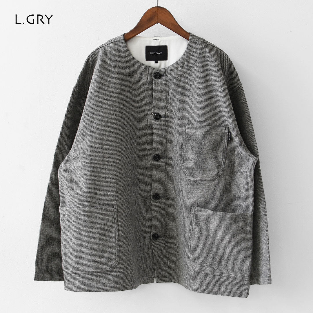 DELICIOUS [デリシャス] Cotton Tweed Collarless Jacket [DB4176] コットン ツイード カラーレス ジャケット・ノーカラージャケット・3つ杢コットンツイード・ゆったりシルエット・MEN'S / LADY'S  [2026AW]
