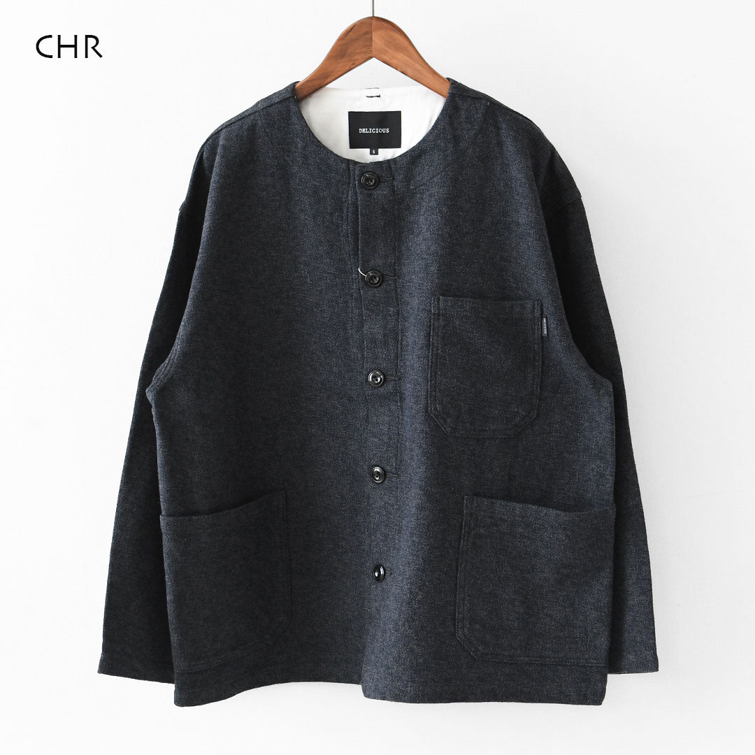 DELICIOUS [デリシャス] Cotton Tweed Collarless Jacket [DB4176] コットン ツイード カラーレス ジャケット・ノーカラージャケット・3つ杢コットンツイード・ゆったりシルエット・MEN'S / LADY'S  [2026AW]