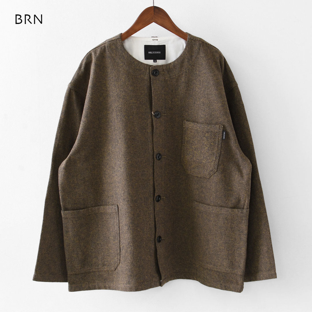 DELICIOUS [デリシャス] Cotton Tweed Collarless Jacket [DB4176] コットン ツイード カラーレス ジャケット・ノーカラージャケット・3つ杢コットンツイード・ゆったりシルエット・MEN'S / LADY'S  [2026AW]
