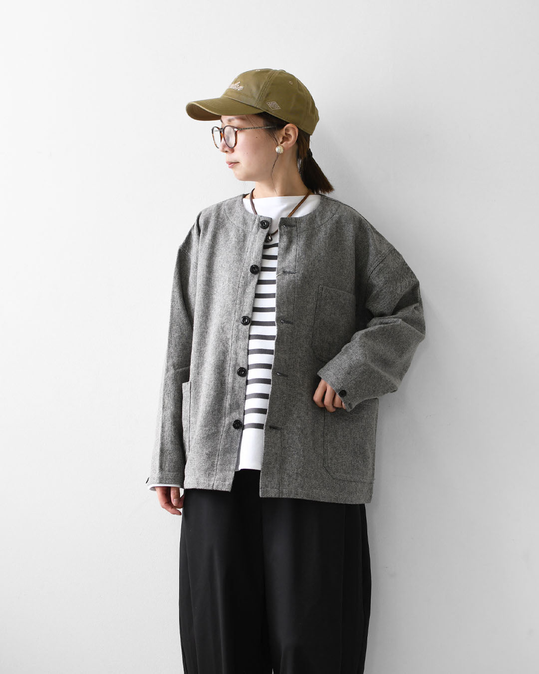 DELICIOUS [デリシャス] Cotton Tweed Collarless Jacket [DB4176] コットン ツイード カラーレス ジャケット・ノーカラージャケット・3つ杢コットンツイード・ゆったりシルエット・MEN'S / LADY'S  [2026AW]