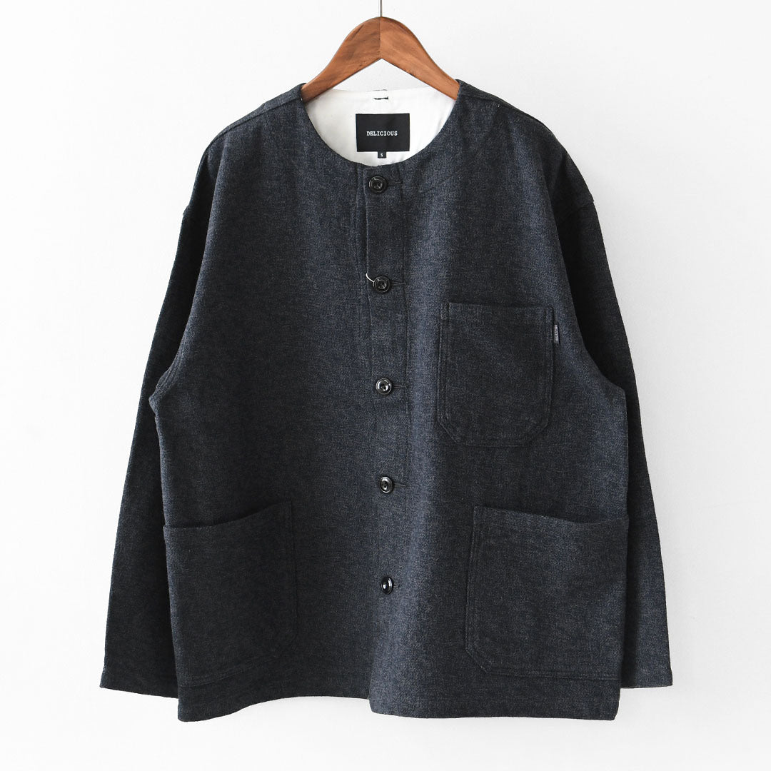 DELICIOUS [デリシャス] Cotton Tweed Collarless Jacket [DB4176] コットン ツイード カラーレス ジャケット・ノーカラージャケット・3つ杢コットンツイード・ゆったりシルエット・MEN'S / LADY'S  [2026AW]