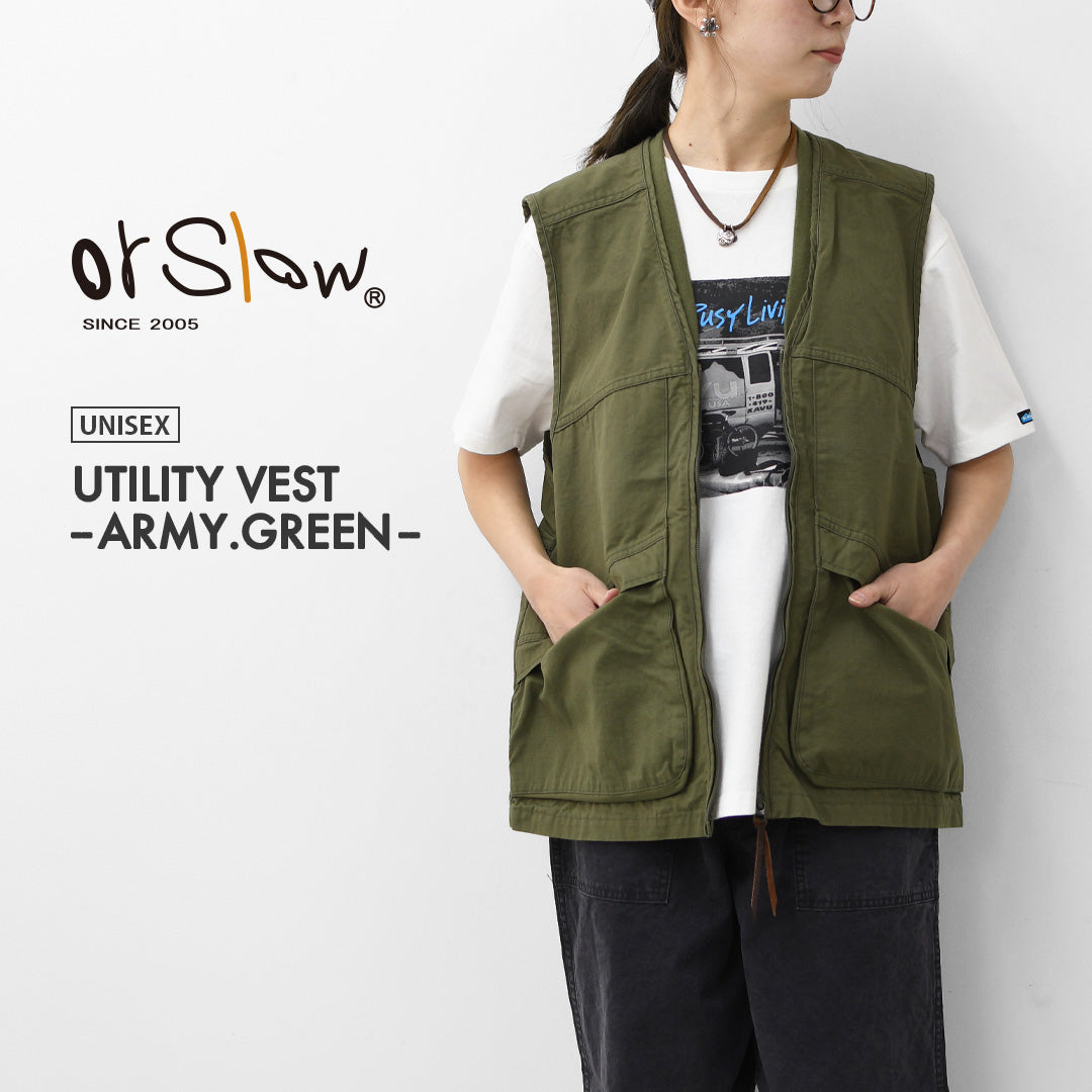 orslow [オアスロウ]UTILITY VEST -ARMY.GREEN- [01-9020-76]  ユーティリティベスト -アーミーグリーン-・ミリタリーベスト・ノースリーブアウター・ジップアップベスト・シンプル・ヴィンテージライク・ワークベスト・アウトドア・キャンプ・MEN'S/LADY'S[2026SS]