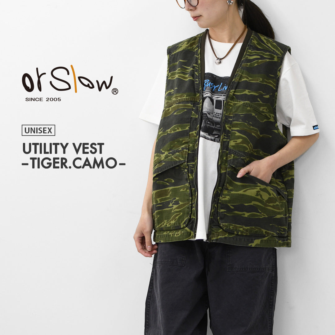 orslow [オアスロウ]UTILITY VEST -TIGER.CAMO- [01-9020-TGC]  ユーティリティベスト -タイガーカモ-・ミリタリーベスト・ノースリーブアウター・ジップアップベスト・シンプル・ヴィンテージライク・ワークベスト・アウトドア・キャンプ・MEN'S/LADY'S[2026SS]