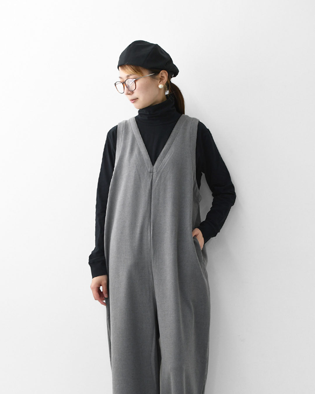 prit [プリット] 30/2ツイルストレッチ裏起毛　Vネックオールインワン [P70620] サロペット・Vネック・ゆったりシルエット・LADY'S [2025AW]