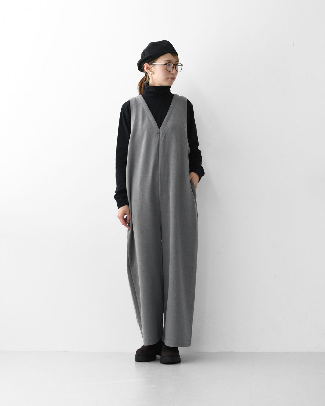 prit [プリット] 30/2ツイルストレッチ裏起毛　Vネックオールインワン [P70620] サロペット・Vネック・ゆったりシルエット・LADY'S [2025AW]