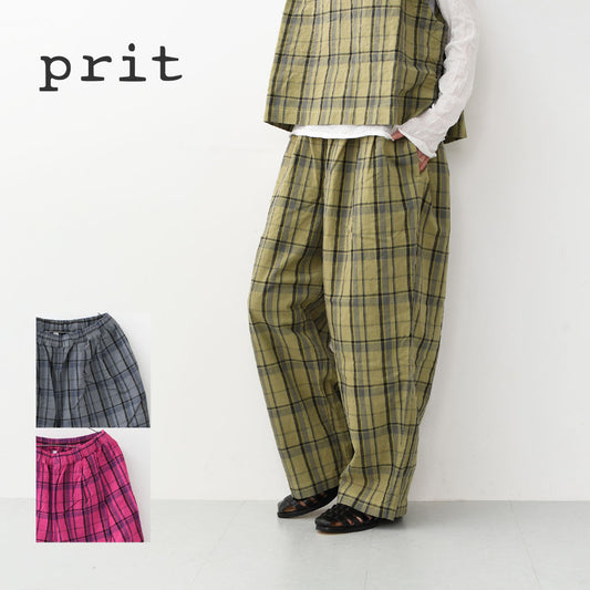 prit [プリット] 16/1リネンコットンチェックタックイージーパンツ [P71609] イージーパンツ・チェック・コットンリネン・リラックスパンツ・ゆったっりシルエット・LADY'S [2026SS]