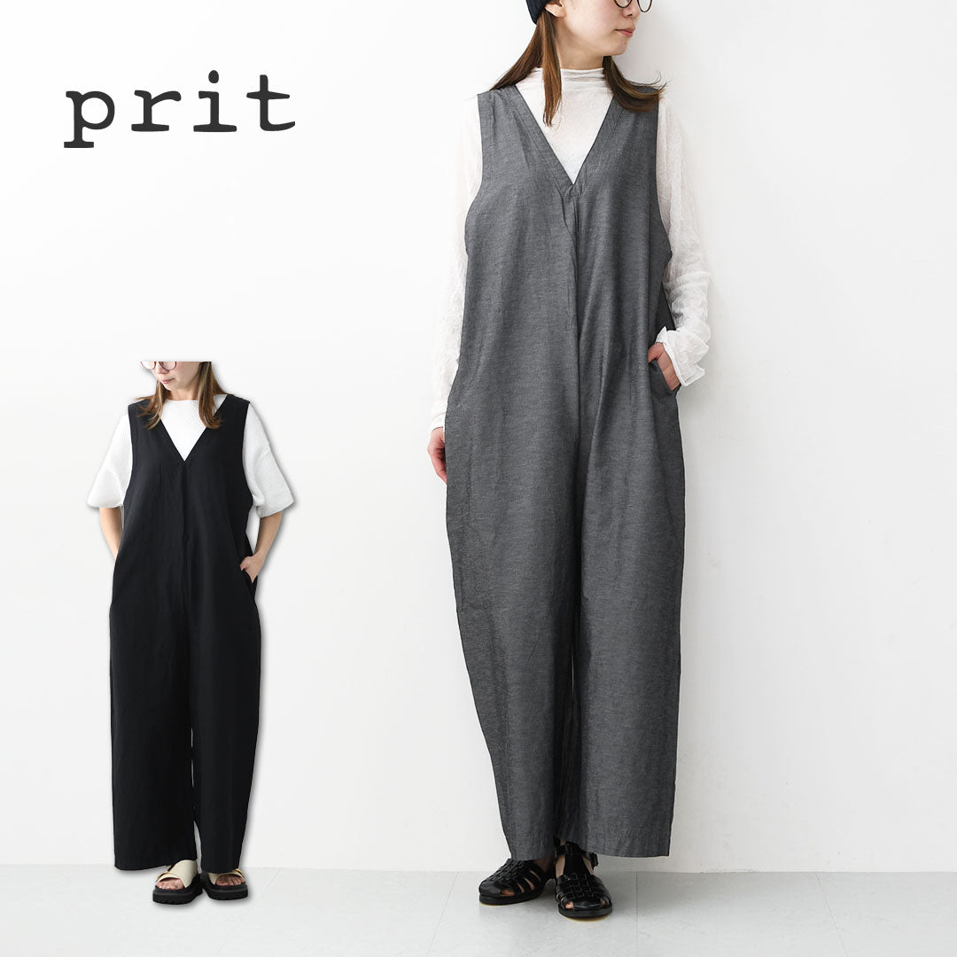 prit [プリット] 綿麻ストレッッチVネックオールインワン [P71629] オールインワン・Vネック・ゆったりシルエット・LADY'S [2026SS]