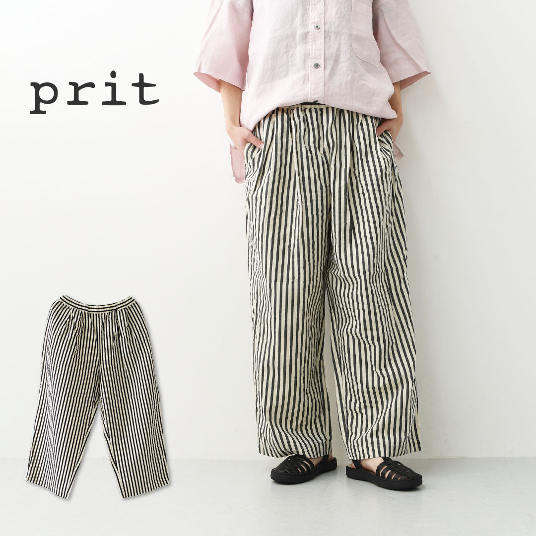 prit [プリット] 20/1コットンリネンストライププリントタックイージーパンツ [P72600] イージーパンツ・リラックスパンツ・ゆったっりシルエット・ワイドパンツ・ストライプ柄・LADY'S [2026SS]