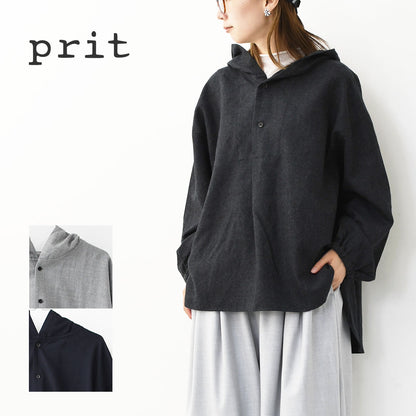 prit [プリット] 2/48ウール綾織フードプルオーバーシャツ [P80620] フード付きシャツ・ウールシャツ・ゆったりシルエット・LADY'S [2025AW]