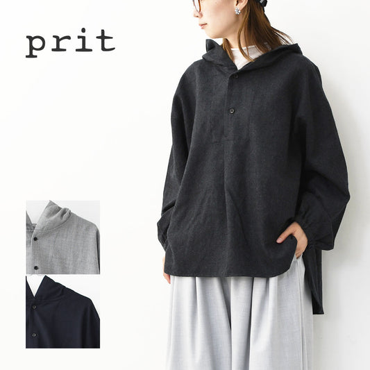 prit [プリット] 2/48ウール綾織フードプルオーバーシャツ [P80620] フード付きシャツ・ウールシャツ・ゆったりシルエット・LADY'S [2025AW]