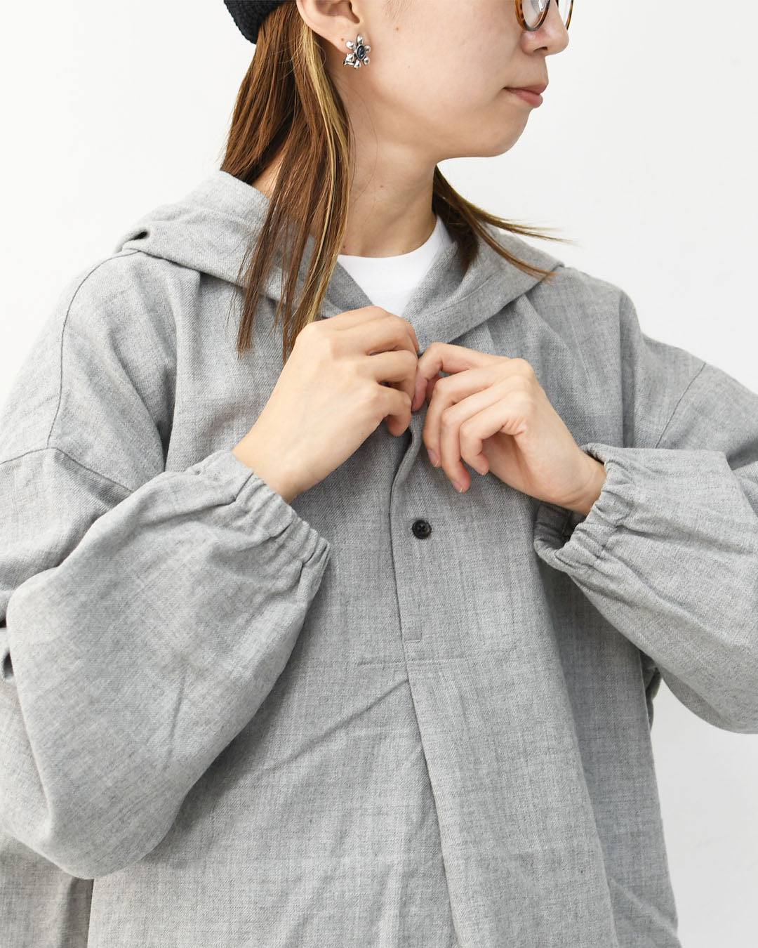 prit [プリット] 2/48ウール綾織フードプルオーバーシャツ [P80620] フード付きシャツ・ウールシャツ・ゆったりシルエット・LADY'S [2025AW]