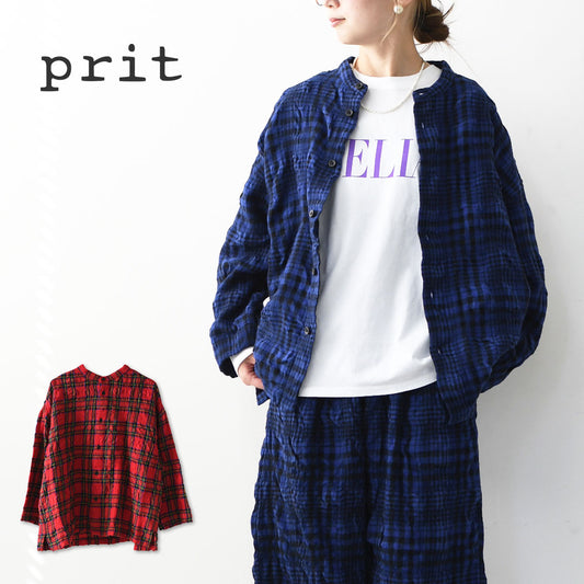 prit [プリット] ウールコットンチェックスタンドカラーオーバーサイズシャツ [P80623] スタンドカラー・オーバーサイズ・ゆったりサイズ・チェック柄・ドロップショルダー・LADY'S [2025AW]