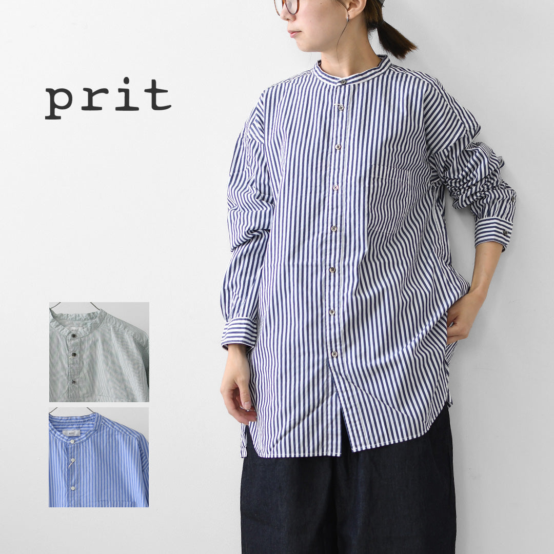 prit [プリット] 100/2高密度ポプリンストライプスタンドカラーオーバーサイズシャツ [P80756] スタンドカラー・オーバーサイズ・ゆったりサイズ・ドロップショルダー・LADY'S [2026AW]