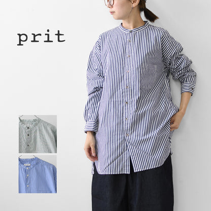 prit [プリット] 100/2高密度ポプリンストライプスタンドカラーオーバーサイズシャツ [P80756] スタンドカラー・オーバーサイズ・ゆったりサイズ・ドロップショルダー・LADY'S [2026AW]