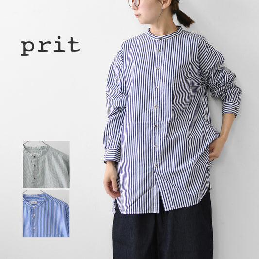prit [プリット] 100/2高密度ポプリンストライプスタンドカラーオーバーサイズシャツ [P80756] スタンドカラー・オーバーサイズ・ゆったりサイズ・ドロップショルダー・LADY'S [2026AW]
