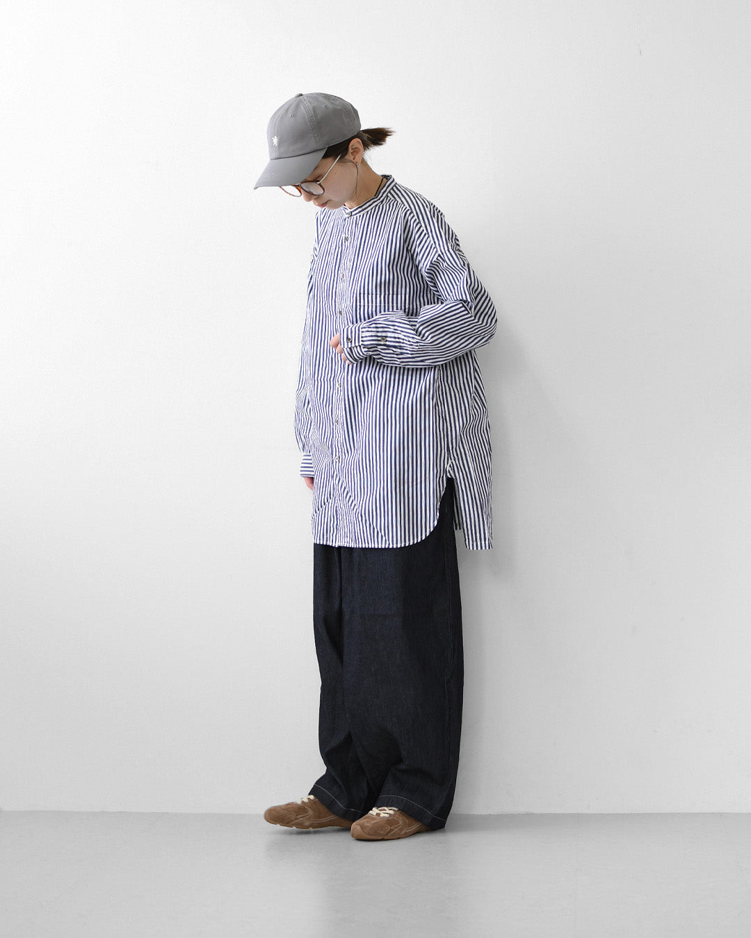 prit [プリット] 100/2高密度ポプリンストライプスタンドカラーオーバーサイズシャツ [P80756] スタンドカラー・オーバーサイズ・ゆったりサイズ・ドロップショルダー・LADY'S [2026AW]