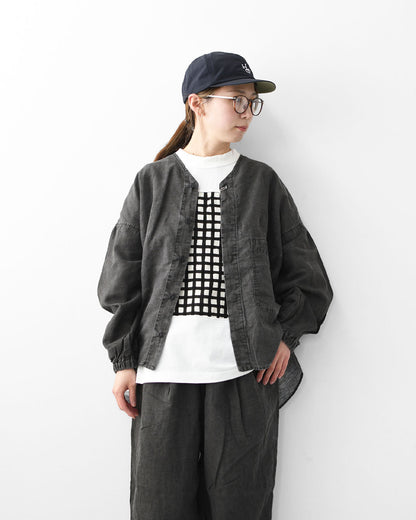 prit [プリット] リネンコットン交織平織ピグメント加工ノーカラービッグシャツ  [P81602] ヴィンテージ風・長袖・オーバーサイズ・ゆったりサイズ・ドロップショルダー・ライトアウター・羽織り・ノーカラー・LADY'S [2026SS]