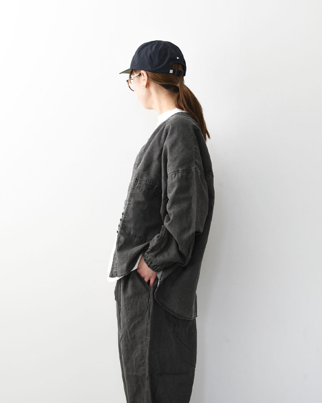 prit [プリット] リネンコットン交織平織ピグメント加工ノーカラービッグシャツ  [P81602] ヴィンテージ風・長袖・オーバーサイズ・ゆったりサイズ・ドロップショルダー・ライトアウター・羽織り・ノーカラー・LADY'S [2026SS]