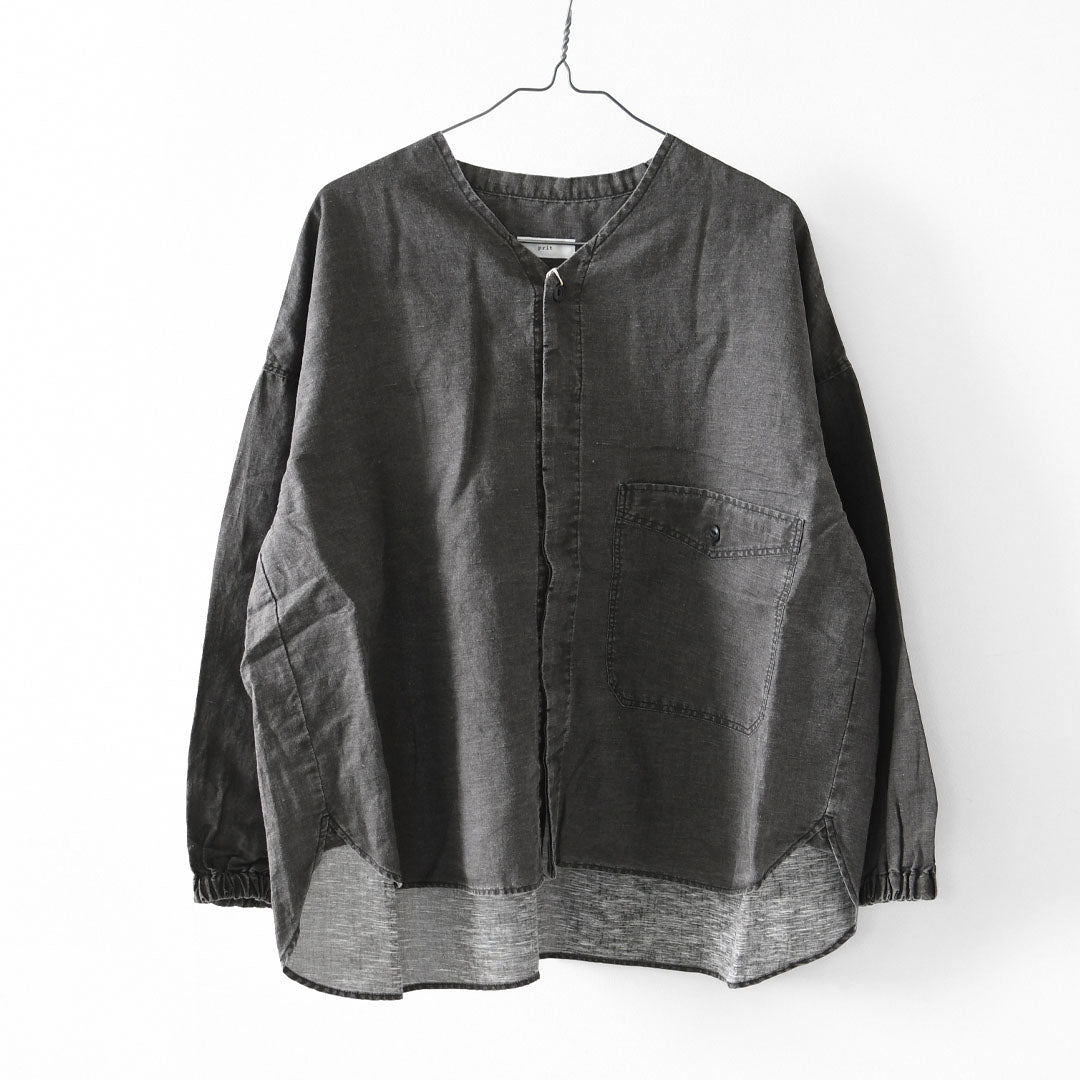 prit [プリット] リネンコットン交織平織ピグメント加工ノーカラービッグシャツ  [P81602] ヴィンテージ風・長袖・オーバーサイズ・ゆったりサイズ・ドロップショルダー・ライトアウター・羽織り・ノーカラー・LADY'S [2026SS]