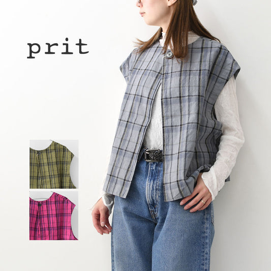 prit [プリット] 16/1リネンコットンチェック2wayべスト [P81608] ベスト・2wayベスト・チェック・コットンリネン・LADY'S [2026SS]