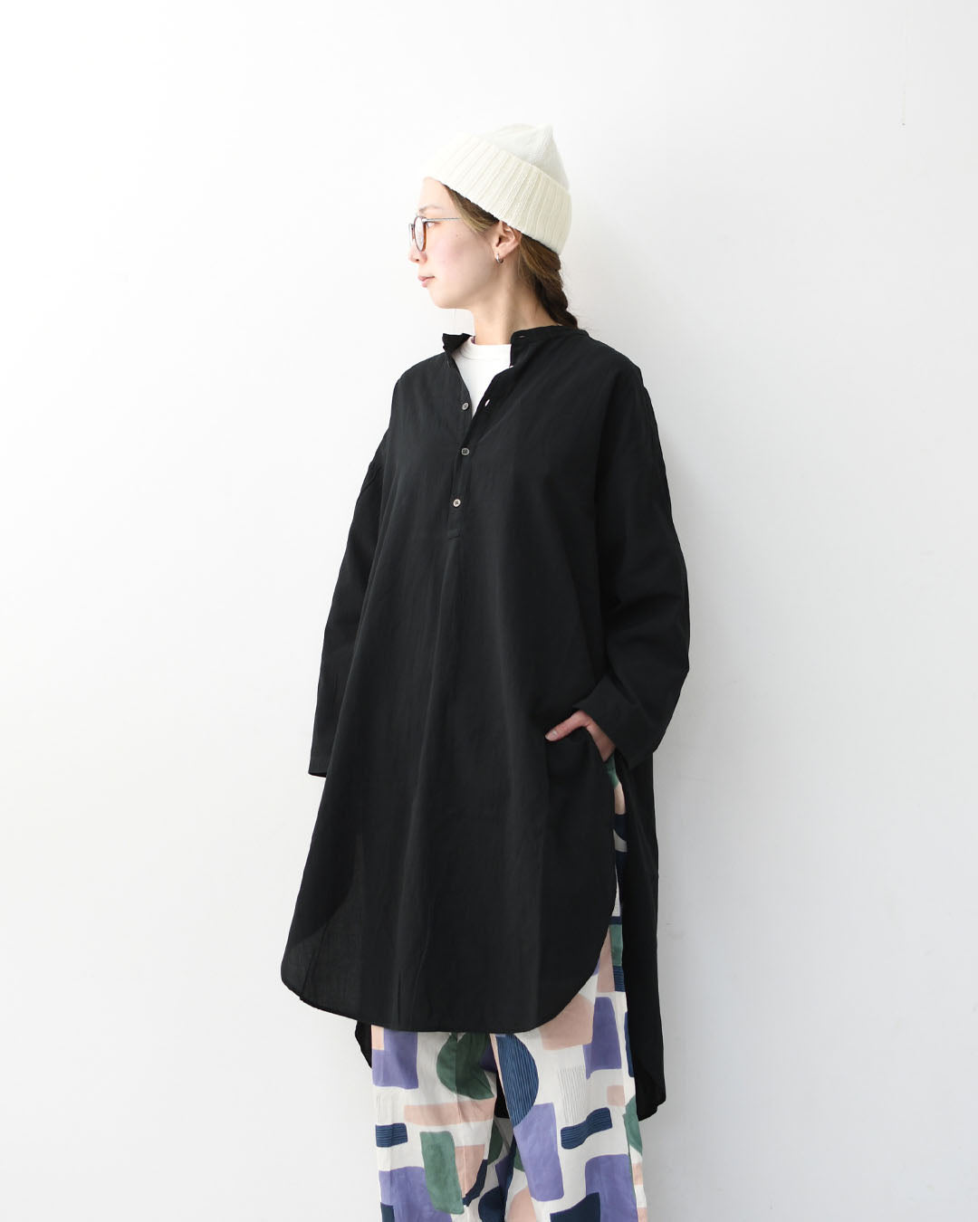 prit [プリット]50/1 オーガニックコットンボイルビエラ近江晒加工スタンドカラーサイドスリットチュニック [P81624] スタンドカラーシャツ・オーバーサイズ・ゆったりシルエット・長袖・ロングシャツ・LADY'S [2026SS]