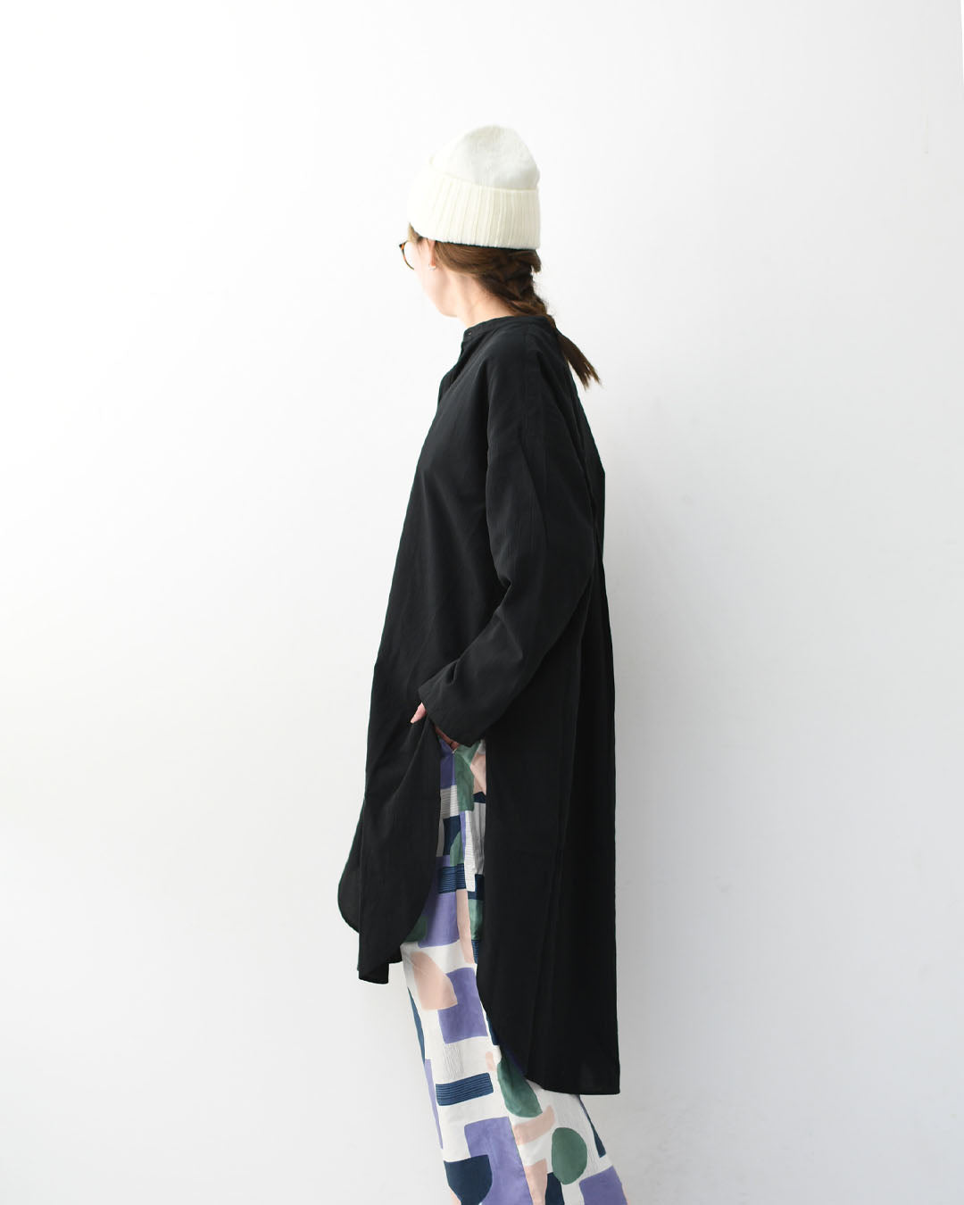 prit [プリット]50/1 オーガニックコットンボイルビエラ近江晒加工スタンドカラーサイドスリットチュニック [P81624] スタンドカラーシャツ・オーバーサイズ・ゆったりシルエット・長袖・ロングシャツ・LADY'S [2026SS]