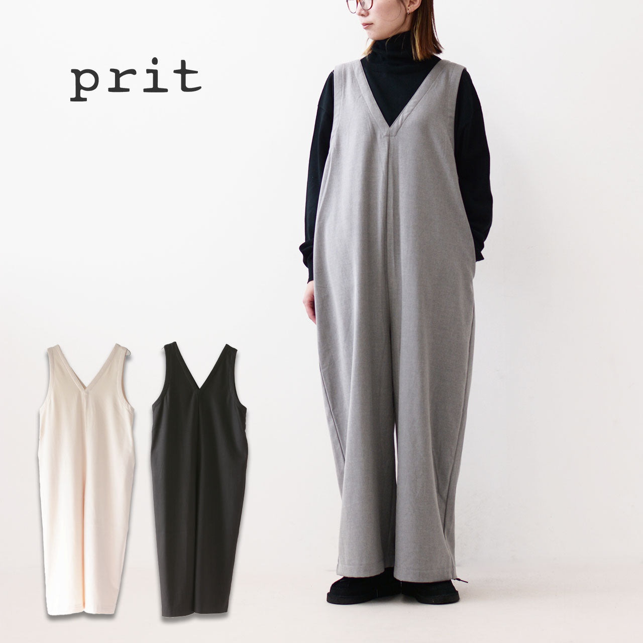 prit [プリット] ストレッチウールライクサキソニーVネックオールインワン [P90513] [2024AW]