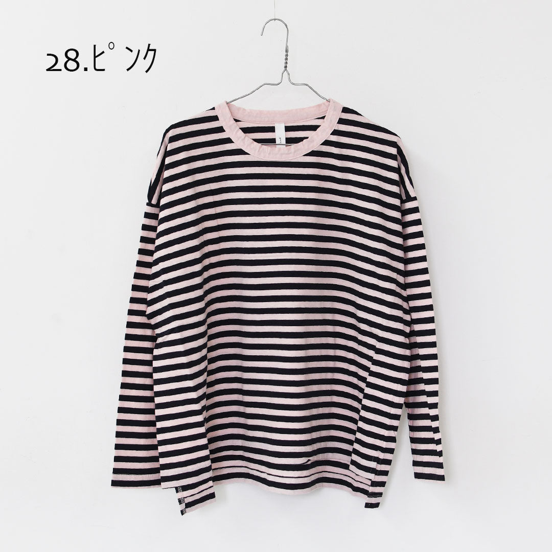 prit [プリット] 30/1リサイクルムラ糸天竺ボーダー クルーネックワイドプルオーバー [P90669] コットンプルオーバー・コットンTシャツ・ボーダーTシャツ・長袖・ボーダー・綿・長T・ワイドシルエット・ゆったりシルエット・LADY'S [2025AW]