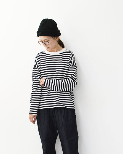 prit [プリット] 30/1リサイクルムラ糸天竺ボーダー クルーネックワイドプルオーバー [P90669] コットンプルオーバー・コットンTシャツ・ボーダーTシャツ・長袖・ボーダー・綿・長T・ワイドシルエット・ゆったりシルエット・LADY'S [2025AW]