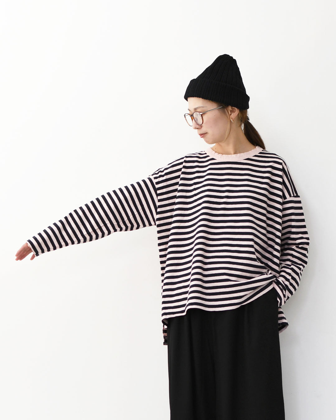 prit [プリット] 30/1リサイクルムラ糸天竺ボーダー クルーネックワイドプルオーバー [P90669] コットンプルオーバー・コットンTシャツ・ボーダーTシャツ・長袖・ボーダー・綿・長T・ワイドシルエット・ゆったりシルエット・LADY'S [2025AW]
