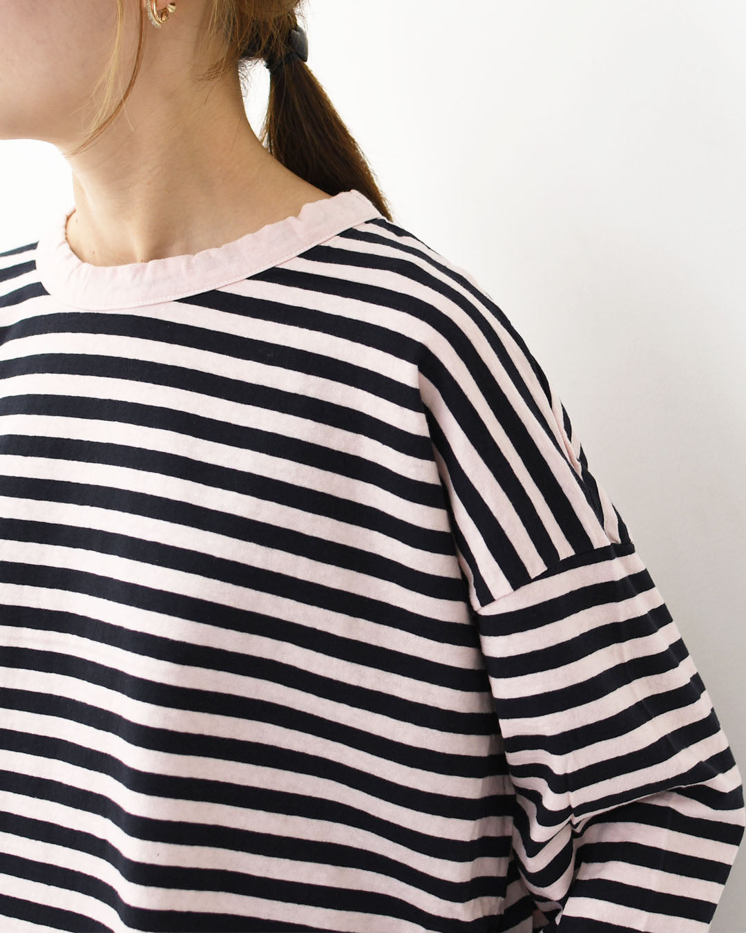 prit [プリット] 30/1リサイクルムラ糸天竺ボーダー クルーネックワイドプルオーバー [P90669] コットンプルオーバー・コットンTシャツ・ボーダーTシャツ・長袖・ボーダー・綿・長T・ワイドシルエット・ゆったりシルエット・LADY'S [2025AW]