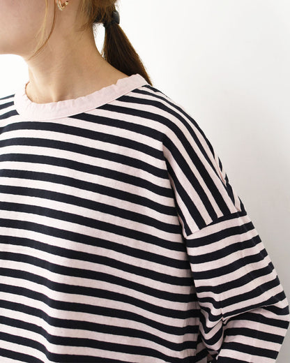 prit [プリット] 30/1リサイクルムラ糸天竺ボーダー クルーネックワイドプルオーバー [P90669] コットンプルオーバー・コットンTシャツ・ボーダーTシャツ・長袖・ボーダー・綿・長T・ワイドシルエット・ゆったりシルエット・LADY'S [2025AW]