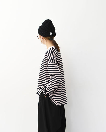 prit [プリット] 30/1リサイクルムラ糸天竺ボーダー クルーネックワイドプルオーバー [P90669] コットンプルオーバー・コットンTシャツ・ボーダーTシャツ・長袖・ボーダー・綿・長T・ワイドシルエット・ゆったりシルエット・LADY'S [2025AW]