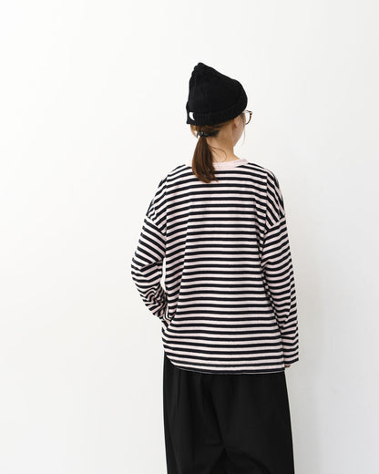 prit [プリット] 30/1リサイクルムラ糸天竺ボーダー クルーネックワイドプルオーバー [P90669] コットンプルオーバー・コットンTシャツ・ボーダーTシャツ・長袖・ボーダー・綿・長T・ワイドシルエット・ゆったりシルエット・LADY'S [2025AW]