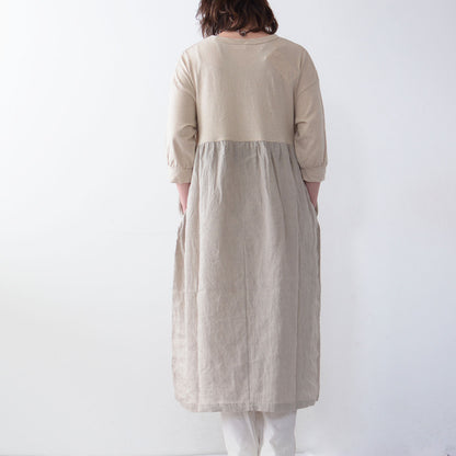 prit [プリット] 20/1コットンリネン天竺×1/60フレンチリネン平織切替7分ドルマンスリーブギャザーワンピース [P91455] [2024SS]