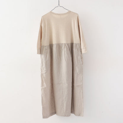 prit [プリット] 20/1コットンリネン天竺×1/60フレンチリネン平織切替7分ドルマンスリーブギャザーワンピース [P91455] [2024SS]