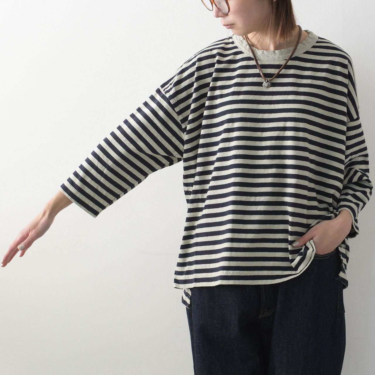 prit [プリット] 30/1リサイクルムラ糸天竺 ボーダー7分袖 ワイドTシャツ[P91573] [2025SS]