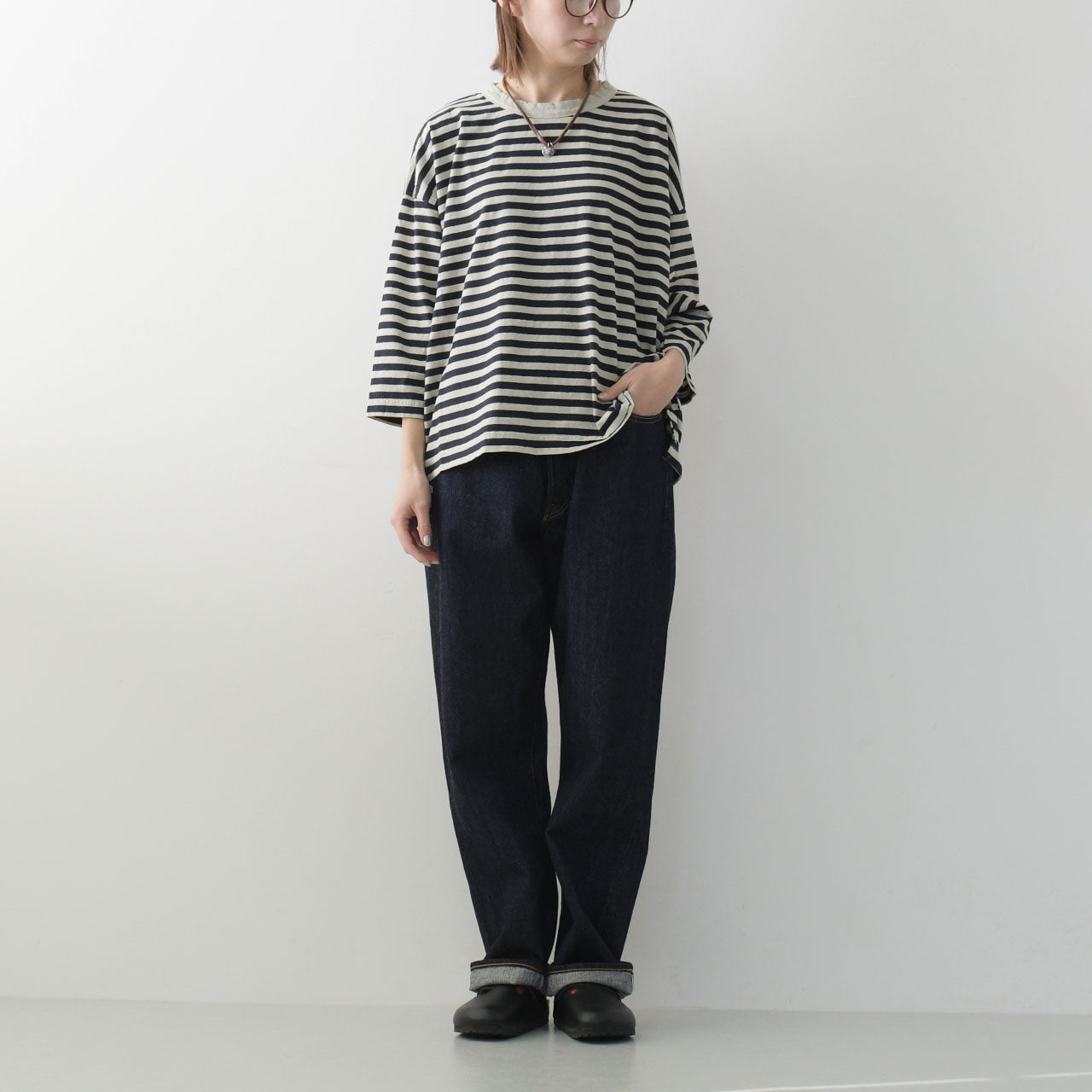 prit [プリット] 30/1リサイクルムラ糸天竺 ボーダー7分袖 ワイドTシャツ[P91573] [2025SS]