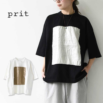 prit [プリット] 17/1空紡天竺×40/1リネン箔プリント 5分袖フレームＴシャツ [P91605] Tシャツ