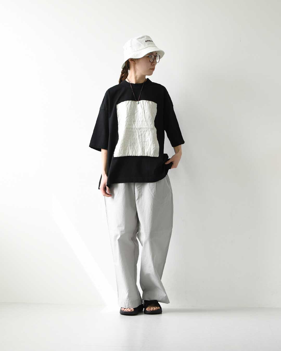 prit [プリット] 17/1空紡天竺×40/1リネン箔プリント 5分袖フレームＴシャツ [P91605] Tシャツ