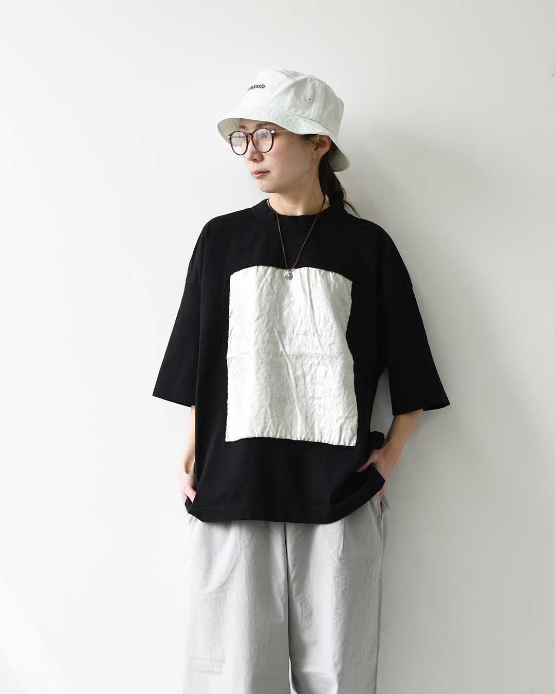 prit [プリット] 17/1空紡天竺×40/1リネン箔プリント 5分袖フレームＴシャツ [P91605] Tシャツ