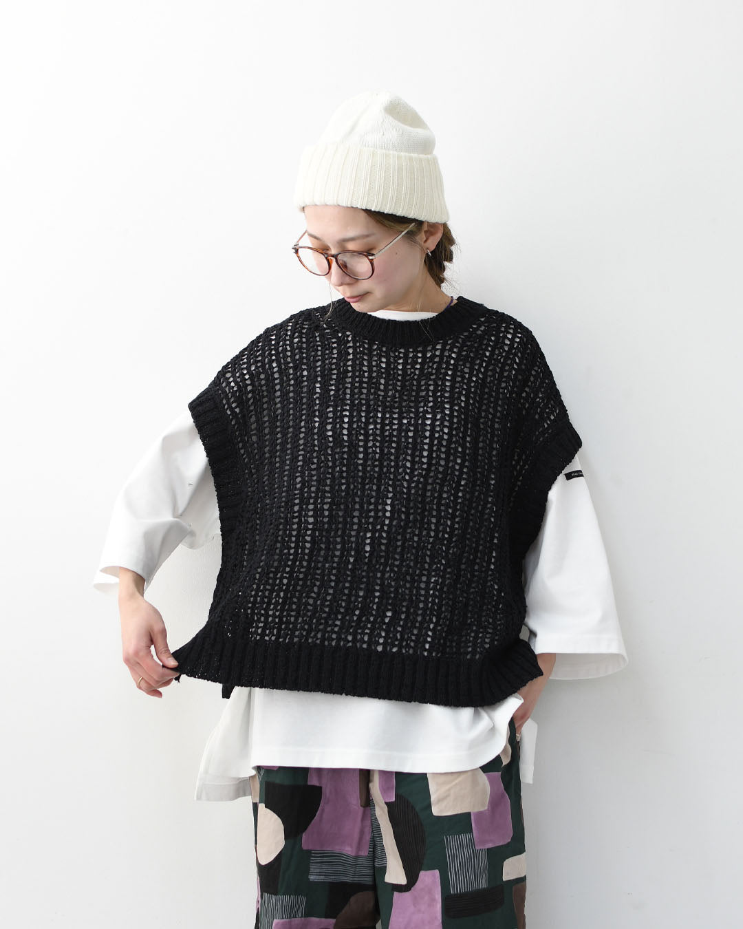 prit [プリット] オーガニックコットンナイロン3G透かし編みワイドベスト [P916100] ベスト・ニットベスト・ローゲージ編み・クルーネック・LADY'S [2026SS]