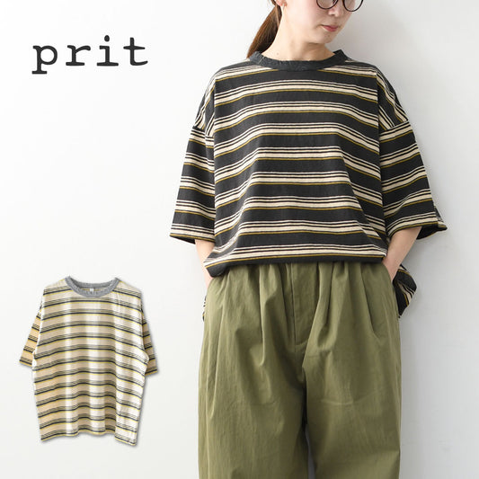 prit [プリット] 19/1リサイクルムラ糸天竺マルチボーダー5分袖クルーネックワイドTシャツ  [P91631] プリントTシャツ・5分袖・オーバーサイズ・ゆったりサイズ・チェック柄・ドット柄・フレーム柄・ドロップショルダー・LADY'S [2026SS]