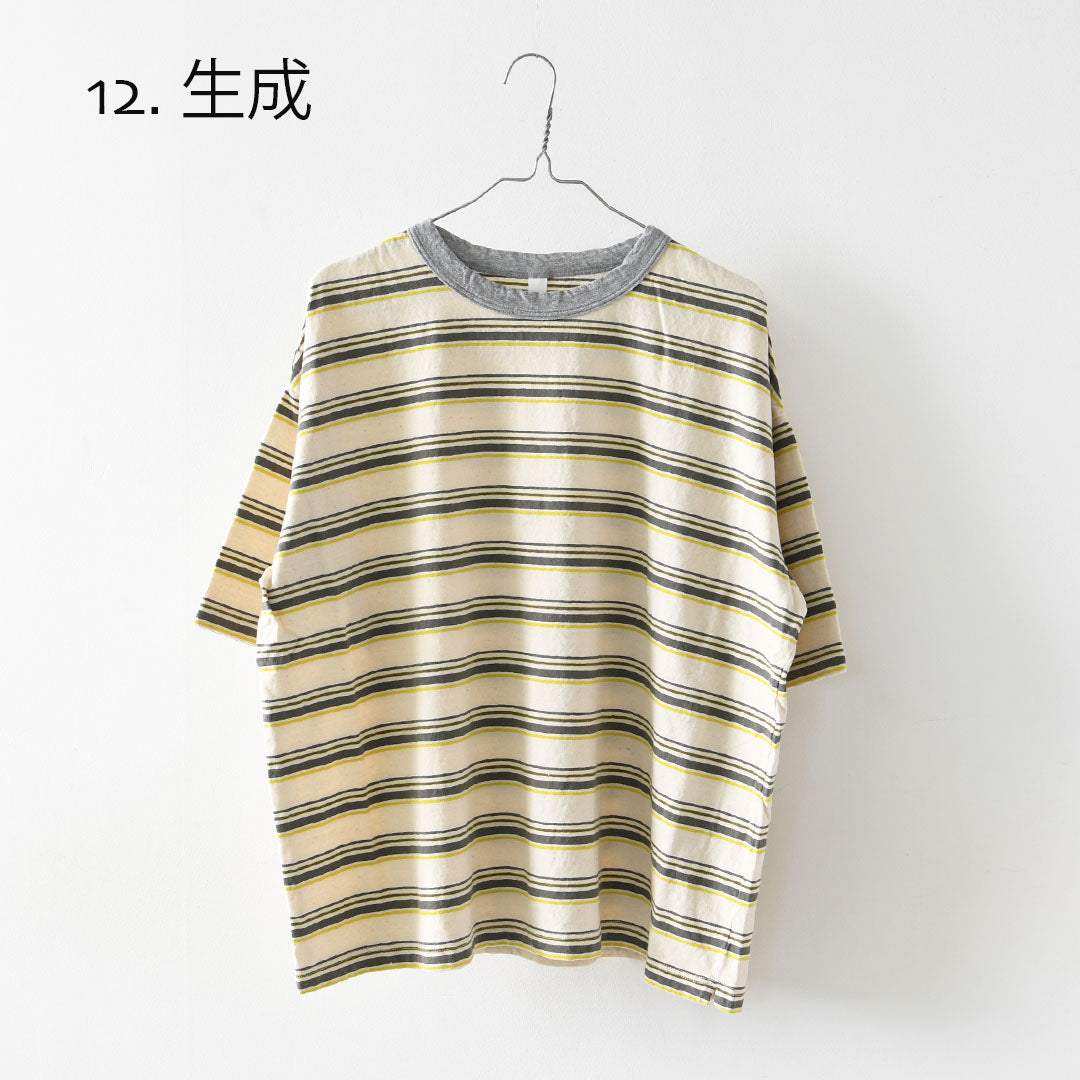 prit [プリット] 19/1リサイクルムラ糸天竺マルチボーダー5分袖クルーネックワイドTシャツ  [P91631] プリントTシャツ・5分袖・オーバーサイズ・ゆったりサイズ・チェック柄・ドット柄・フレーム柄・ドロップショルダー・LADY'S [2026SS]