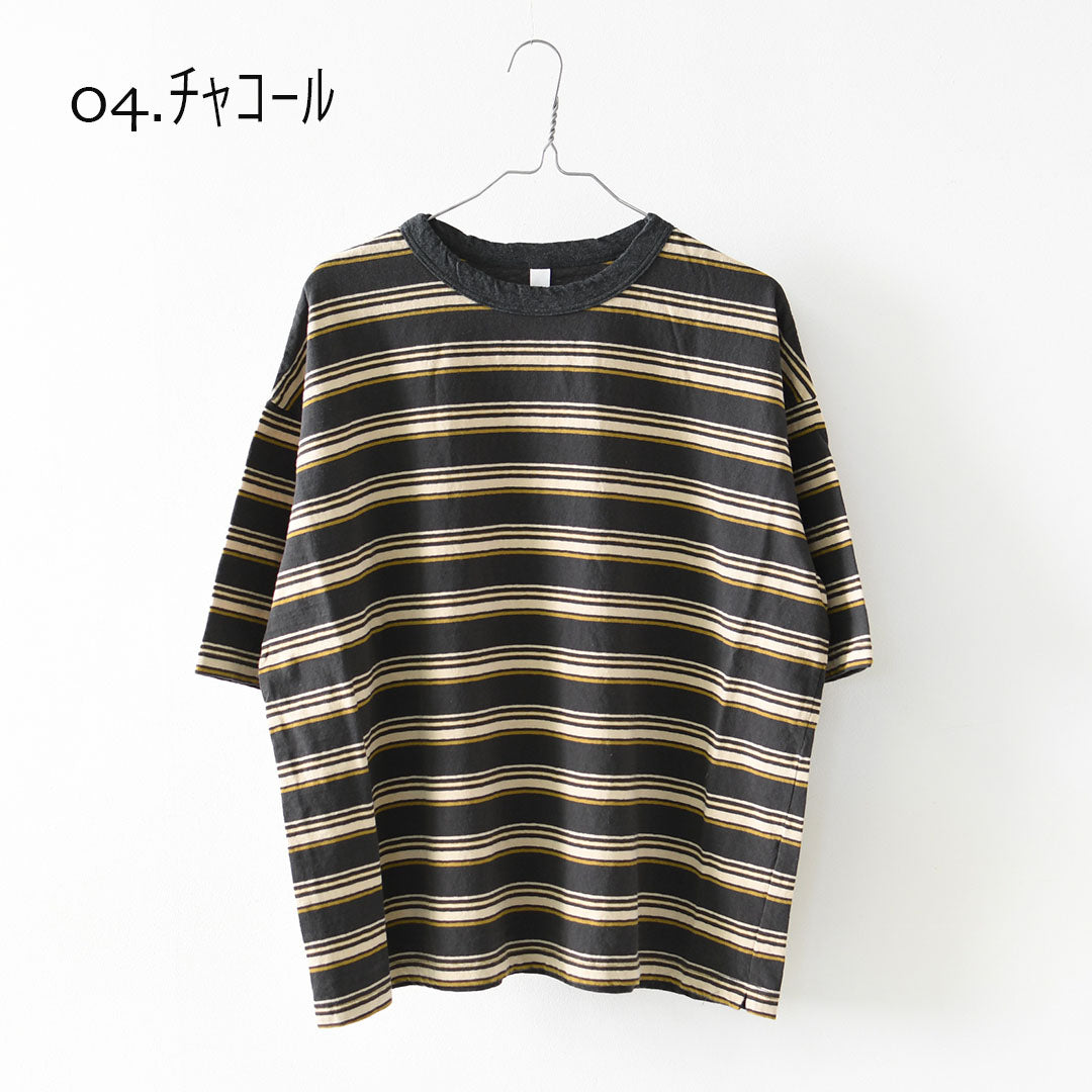 prit [プリット] 19/1リサイクルムラ糸天竺マルチボーダー5分袖クルーネックワイドTシャツ  [P91631] プリントTシャツ・5分袖・オーバーサイズ・ゆったりサイズ・チェック柄・ドット柄・フレーム柄・ドロップショルダー・LADY'S [2026SS]