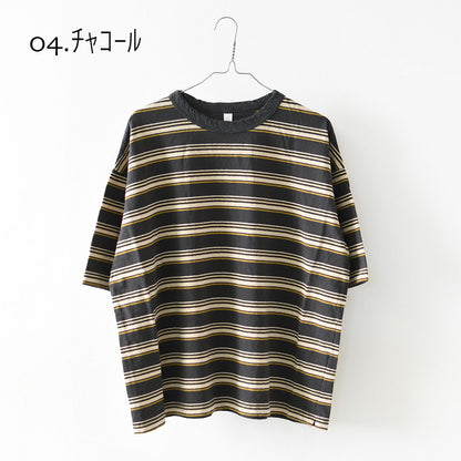 prit [プリット] 19/1リサイクルムラ糸天竺マルチボーダー5分袖クルーネックワイドTシャツ  [P91631] プリントTシャツ・5分袖・オーバーサイズ・ゆったりサイズ・チェック柄・ドット柄・フレーム柄・ドロップショルダー・LADY'S [2026SS]