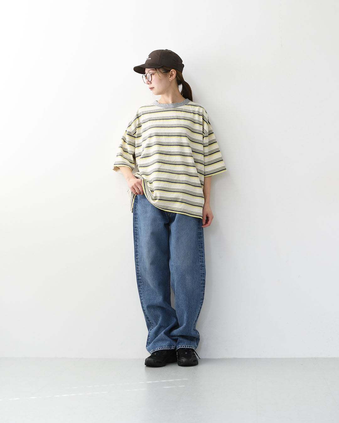 prit [プリット] 19/1リサイクルムラ糸天竺マルチボーダー5分袖クルーネックワイドTシャツ  [P91631] プリントTシャツ・5分袖・オーバーサイズ・ゆったりサイズ・チェック柄・ドット柄・フレーム柄・ドロップショルダー・LADY'S [2026SS]