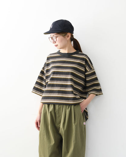 prit [プリット] 19/1リサイクルムラ糸天竺マルチボーダー5分袖クルーネックワイドTシャツ  [P91631] プリントTシャツ・5分袖・オーバーサイズ・ゆったりサイズ・チェック柄・ドット柄・フレーム柄・ドロップショルダー・LADY'S [2026SS]