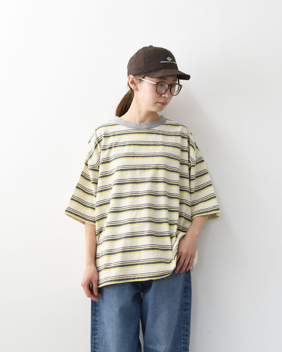 prit [プリット] 19/1リサイクルムラ糸天竺マルチボーダー5分袖クルーネックワイドTシャツ  [P91631] プリントTシャツ・5分袖・オーバーサイズ・ゆったりサイズ・チェック柄・ドット柄・フレーム柄・ドロップショルダー・LADY'S [2026SS]